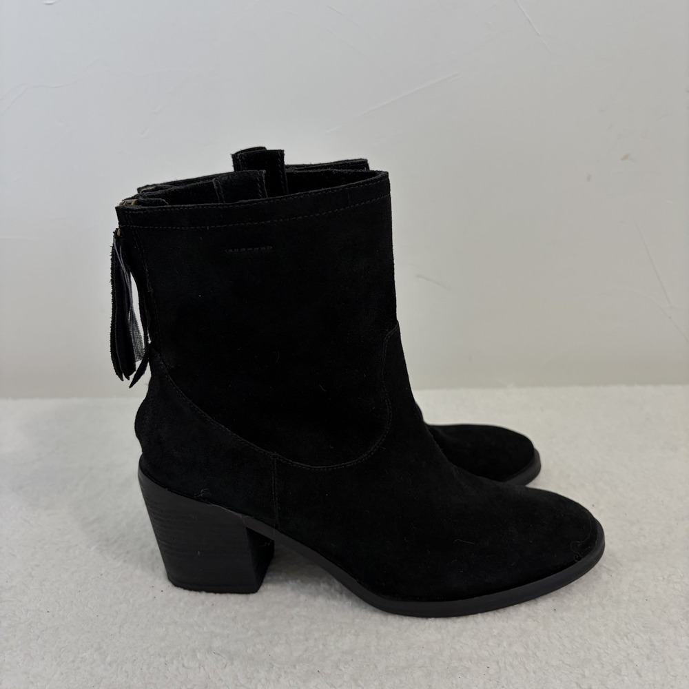 Sam Edelman Black Suede Ankle Booties Womens Back Zip Tassel Stacked Heel Size 7